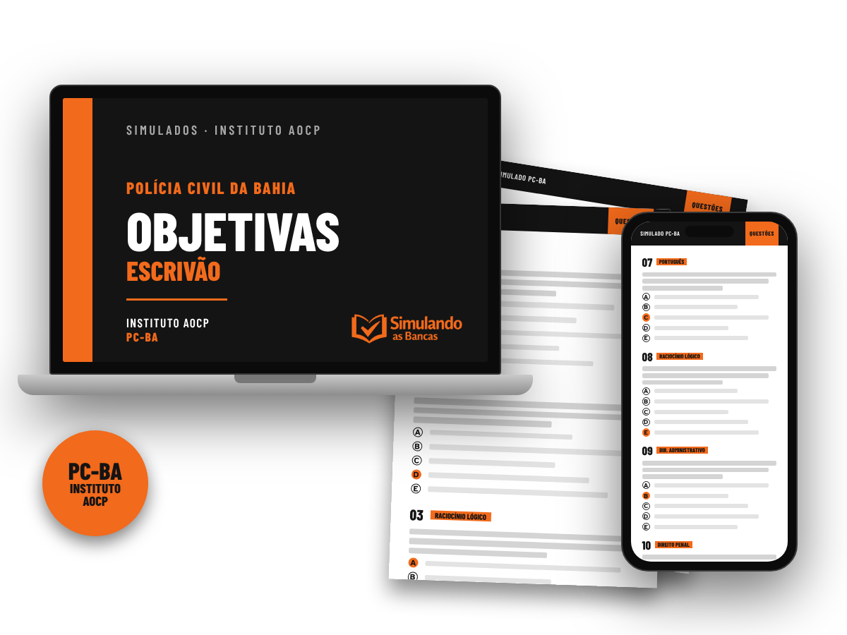 Simulados objetivos PCBA Escrivão no computador, impresso e no celular